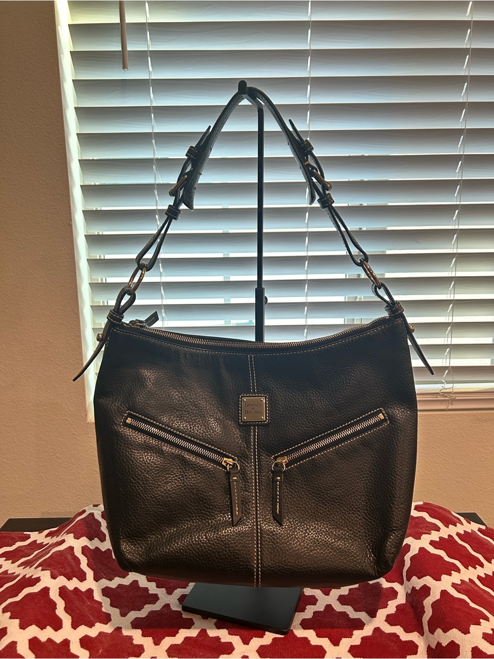 Dooney & Bourke Black Pebbled Leather Hobo Shoulder Bag with Front Zippers